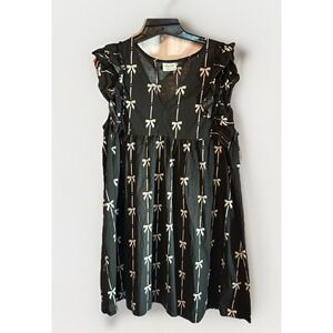 New'm Black &‎ White Bows Boho V Neck Mini Dress Women's Size Large Ruffled